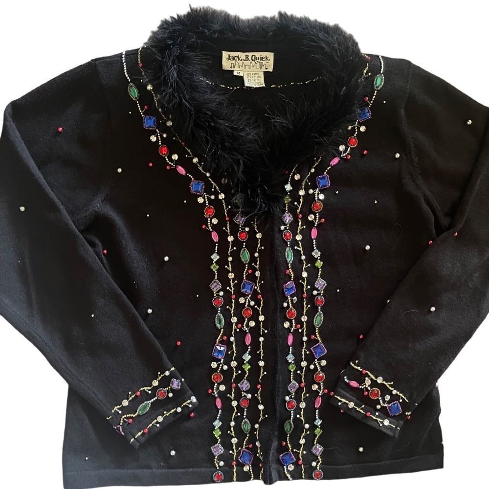 Jack B Quick vintage embellished button down black cardigan w/ faux fur collar - Picture 1 of 12